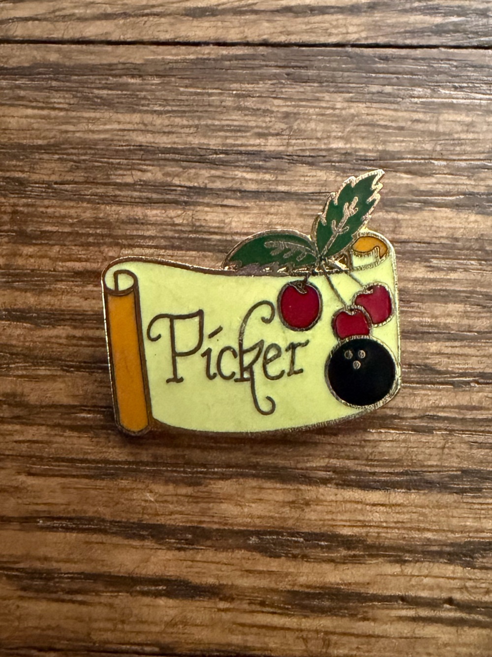 Vintage Bowling Enamel Pin Brooch Cherry Picker Gold Tone